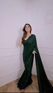 Sari moderne et luxueux en georgette avec broderie lourde de sequins de 5 mm, saris fantaisie d'Inde - Product Image 3