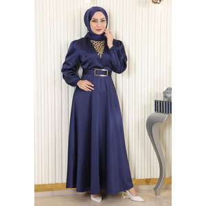 ชุดราตรีผ้าซาตินสีครามทรงบอลกาวน์ประดับด้วยหิน ไซส์ XS ยาวกรอมพื้น สไตล์งานเลี้ยงอย่างเป็นทางการ รุ่น MSW19901-4 - Product Image 3