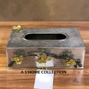 Boîte à mouchoirs en acier de luxe Royal Crafts pour boîte à papier de salon avec fleur dorée concevant une boîte à mouchoirs rectangulaire en argent - Product Image 1