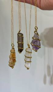 Collier pendentif en pierre précieuse naturelle, fil enroulé autour de pierres irrégulières, chaîne à maillons, plaqué or ou argent, bijou cadeau - Product Image 2