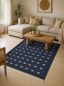 Alfombra Dhurrie de Algodón Azul Marino Hecha a Mano, Alfombra Reversible con Diseño de Rejilla Marroquí y Flecos para Dormitorio o Sala de Estar - Product Image 2