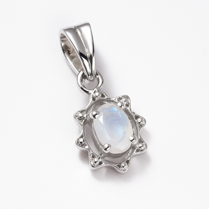 Pendentif ovale minimaliste en argent sterling plaqué rhodium avec pierre de lune arc-en-ciel, collier artisanal en pierres précieuses pour femmes et enfants - Product Image 2