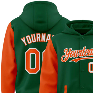 เสื้อแจ็คเก็ตบอมเบอร์แบบมีฮู้ดผ้าฟลีซสองสีสำหรับผู้ชาย ผลิตตามแบบ OEM สีเขียว/ส้ม-ขาว 100% โพลีเอสเตอร์ ติดกระดุมแบบเต็มตัว สไตล์วาร์ซิตี้ เลตเตอร์แมน - Product Image 5