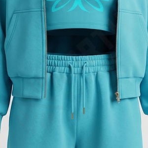 Ensemble de survêtement décontracté en molleton épais avec broderie et effet vieilli, comprenant un sweat à capuche zippé et un pantalon de jogging, style uni - Product Image 5