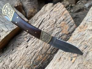 El mejor cuchillo de bolsillo plegable de acero de Damasco hecho a mano a bajo precio para caza, personalizable con funda de transporte de cuero, soporte OEM - Product Image 2