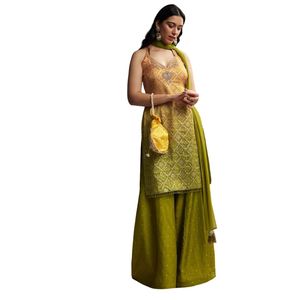 Traje Palazzo de seda Dola púrpura con bordado pesado, venta al por mayor, Ropa Étnica para mujer, fábrica de ropa OEM, proveedor a granel personalizado - Product Image 2