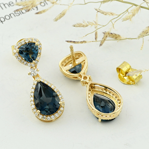 Pendientes de Oro Sólido de 18K para Mujer con Diamante Natural de Corte Brillante Redondo y Topacio Azul Londres, Modernos, Colgantes, para Regalo de Boda o Fiesta - Product Image 6