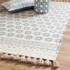 Wholesale Handmade Washable PET Friendly Eco Friendly Anti-Slip Floral Latex Backing Modern Cotton Dhurrie Rug Blue <b>Floor</b> <b>Mat</b> - Product Image 3