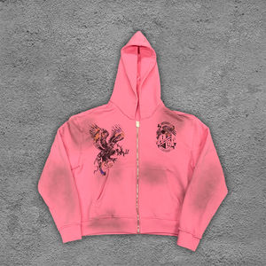 Custom Fancy Shaped Gems Decoration Zip up Hoodies Hombres, Graphic DTG Printed Heavyweight 100% Cotton Dirty Washed Hoodie - Product Image 4