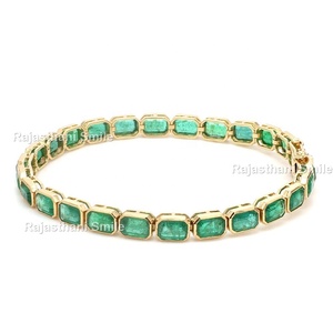 Emeraude naturelle 14K or jaune massif émeraude pierre précieuse sertie de lunette bracelet de tennis taille de pierre 6x4mm - Product Image 4