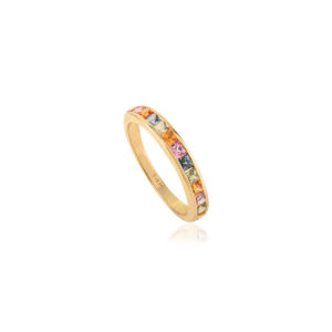 Bague demi-éternité unisexe en or jaune 14 carats, sertie de saphirs multicolores arc-en-ciel, faite à la main, empilable, bijoux en pierres précieuses - Product Image 3