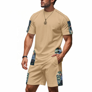Men's Green Color Blocking Breathable Polyester/Cotton T-Shirt and Shorts <b>Set</b> Crew Neck Quick Dry <b>Knitted</b> Casual Summer Outfit - Product Image 3