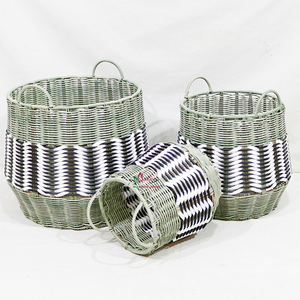 Artex Dong Thap Sage Green PE Rattan Woven Round Storage <b>Basket</b> Set of 3 Two-Tone - Product Image 1