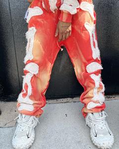 Parches desgastados bordados personalizados Logo Streetwear Vintage Hoodie Tech Fleece Conjuntos de Jogger de dos piezas Chándales deportivos para hombres - Product Image 5