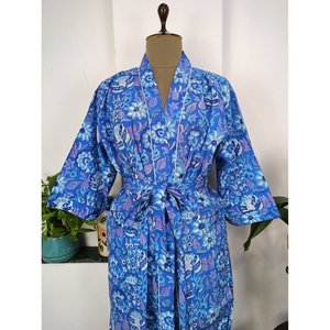 Robe d'été Boho Aqua Blue, Kimono en coton indien imprimé à la main, Luxe Floral Rose, Couverture de maternité - Product Image 4