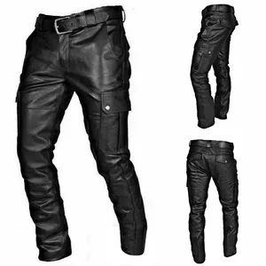 Pantalones de cuero para hombre, pantalones de moto de cuero a la moda para hombre, pantalones de Rock de piel sintética de color marrón y Negro personalizados