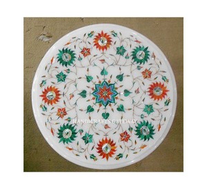 Handmade <b>White</b> Marble Mix Inlay Color Flower Design Lightweight Inlay Work <b>Round</b> Shape Coffee <b>Table</b> Top With Home Decoration - Product Image 1