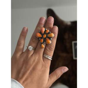 Travis Jim <b>Adjustable</b> Dragonfly Cluster <b>Ring</b> Spiny Oyster & Sterling Silver for Gift Occasions - Product Image 1