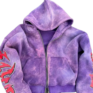 Sweat à capuche oversize à fermeture éclair en coton 100% lourd délavé violet, fabrication de vêtements - Product Image 1