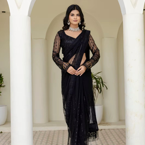 Nuevo Sari de Seda Pesada con Diseño de Mariposa, Listo para Usar, con Trabajo de Lentejuelas y Bordado con Hilo, con Pallu Blanco - Product Image 1