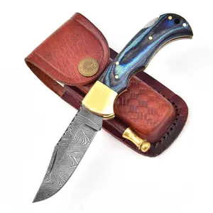 Handmade Top Quality Damascus Steel Folding Knife Blue Color Wood Camping Pocket Knife With leather sheath Razor Sharp