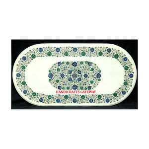 Beautiful White Marble With Fine Finishing And Smooth Polished Oval Shape Flower Inlay Design <b>Table</b> <b>Top</b> For Hotel <b>Decoration</b> <b>Top</b> - Product Image 1