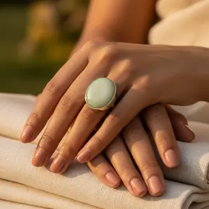 แหวนแฟชั่นผู้หญิง เงินแท้ 925 ประดับพลอยสีเขียว ชุบทองคำขาว ฝังเพชรทรงรี ดีไซน์ทันสมัย ชุบทอง 18K - Product Image 1