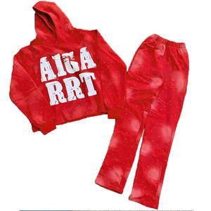 Top personnalisé hiver lavage à l'acide évasé survêtements Zip 450 GSM 100% coton Jogging costume en détresse soleil délavé strass sweats à capuche - Product Image 3