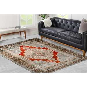 Alfombra Geométrica Roja con Medallones: Alfombra de Estilo Persa, Decoración para Sala de Estar, Alfombra Delgada No Tejida - Product Image 3