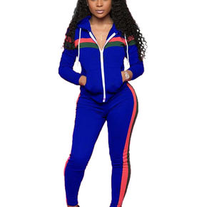 Femmes automne hiver rayé fermeture éclair à capuche et taille haute pantalon à rayures latérales coupe ample veste vêtements d'extérieur ensembles à capuche ensemble Joggers - Product Image 3