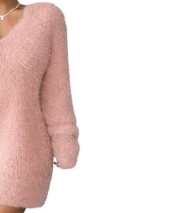 Robe pull en tricot moelleux rose blush personnalisée pour femmes, col en V, manches longues, douce, en peluche, chaude pour l'hiver, mode, OEM, vente en gros, fabrication sur mesure - Product Image 3