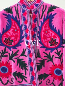 Manteau Bohème en Velours Rose Brodé, Col Mandarin, Manches Longues, Motif Floral Fait Main, Vêtement d'extérieur pour Femme Adulte - Product Image 5