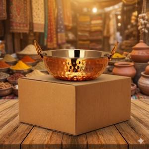 Kadai de Acero Inoxidable por Dentro y Cobre por Fuera de 23 Onzas, Fabricante Indio, Karahi de Cobre Martillado a Mano con Logotipo Personalizado al por Mayor - Product Image 3