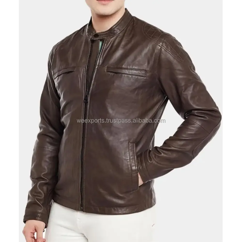Long sleeve vintage Solid Color Zipper Faux Leather Casual style leather jacket for men