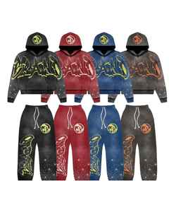 Conjunto de Sudadera con capucha y pantalones de chándal con diamantes de imitación desgastados y cremallera lavada con ácido recortada de felpa francesa vintage personalizada - Product Image 1