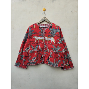 Chaqueta Reversible de Algodón Acolchado de Alta Calidad, Ecológica, con Cuello en V, para Mujer, con Estampado Único de Animales de la Selva y Rayas, Lino y Cachemira - Product Image 1