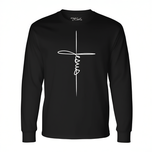 Camiseta Promocional de Manga Larga con Arte Abstracto de Cruz de Jesús Escrita a Mano en Cursiva - Product Image 2