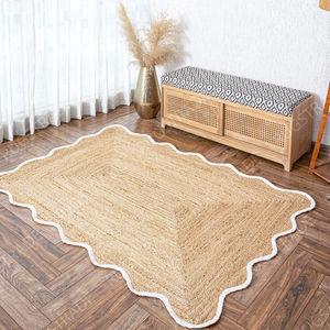 Tapis moderne en jute naturel tressé à la main de couleur unie avec bord festonné et bordure blanche pour usage domestique - Product Image 3