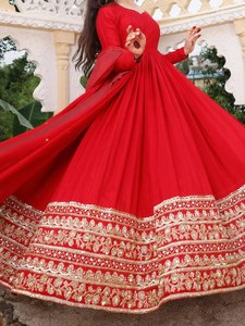 Traje de Verano Vintage, Largo hasta el Suelo, Holgado, Natural, con Dupatta, Georgette, Bordado - Product Image 4
