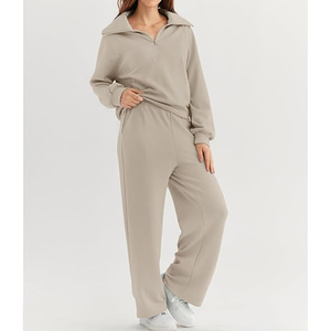 Sweatshirts with Wide Leg Sweatpants Quarter Zip Fleece Women Sweat Suits Loungewear Sets 2 Piece Wholesale Tracksuits - Product Image 3