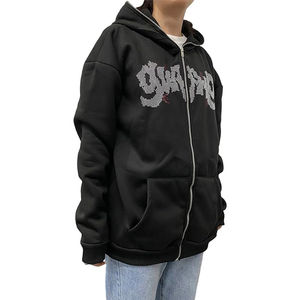 Nouvelle tendance personnalisé strass pleine impression Logo strass Plus impression rose sweats à capuche zippés femmes Street Wear 100% coton - Product Image 3