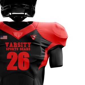 ชุดฟุตบอลอเมริกันสำหรับผู้ชายเสื้อทีมออกแบบได้เองพร้อมกางเกงผ้าทอลายทแยงสีแดงและสีดำ - Product Image 6
