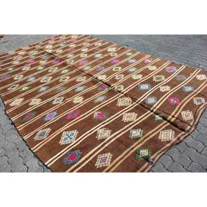 Kilim Rug, 7.7x12.4 ft Turkish Rug, <b>Brown</b> Bordered Rug <b>Wool</b> - Product Image 2