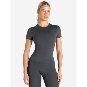 Camiseta de gimnasio gris tormenta de alta calidad para mujer, camiseta elástica de longitud completa de manga corta con cuello redondo de poliéster, nueva camiseta informal de entrenamiento de Yoga - Product Image 1