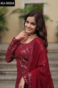 Georgette de imitación de moda india con lentejuelas e hilo bordado trabajo pesado Kurta Sharara traje con trabajo pesado Dupatta para mujer - Product Image 2