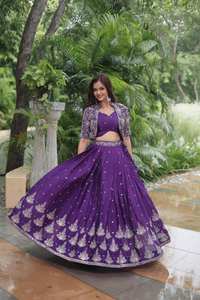 À la mode violet pur Chinnon Lehenga Choli & Koti avec de riches paillettes brodées Work Party Wear Lehenga Choli - Product Image 5