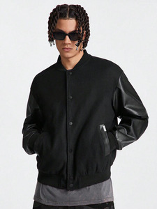 Noir 100% Coton Collège Baseball Veste Hommes Conception Personnalisée Faux Cuir Manches Fermeture à Glissière OEM Hiver Mode Fournisseur - Product Image 6