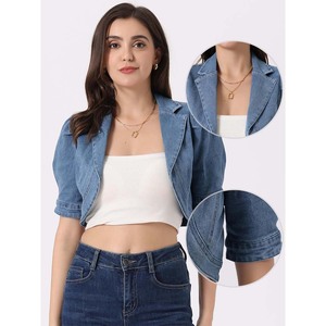 Veste en jean court pour femme avec col à revers à manches courtes Design universitaire respirant Décoration de perles remplies de coton teint uni - Product Image 5