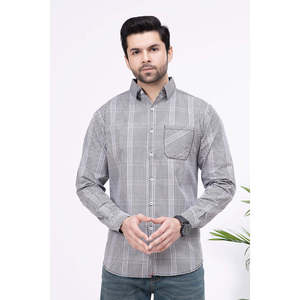 Chemise décontractée à carreaux pour homme en popeline de coton fin Qin avec logo personnalisé, coupe ajustée, manches longues, col montant, motif rayé - Product Image 1