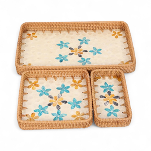 Plateau décoratif en rotin et nacre pour restaurants, hôtels, traiteurs et usage domestique - Product Image 1